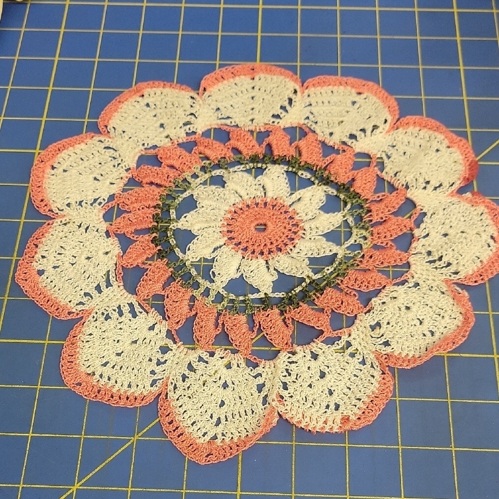 Vintage Handmade Crochet 10.5" Doily in Cream Pink Green